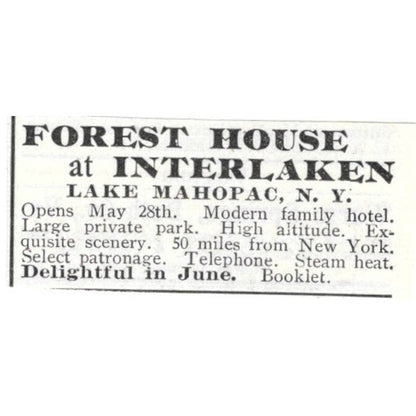 Forest House at Interlaken Lake Mahopac NY - 1903 Original Ad TJ8-7-6