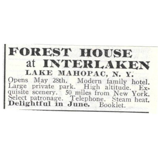 Forest House at Interlaken Lake Mahopac NY - 1903 Original Ad TJ8-7-6