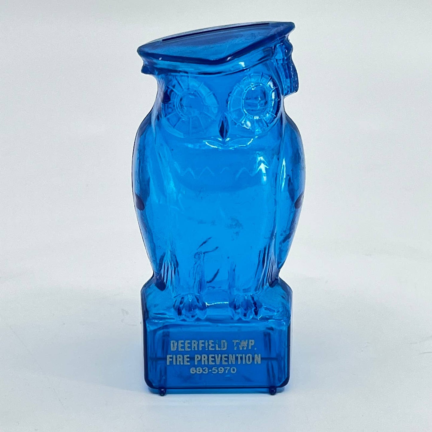 Vintage Wise Owl Deerfield Twp. Fire Prevention Celluloid Promo Coin Bank 4” TE3