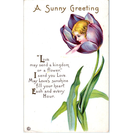 Face in Flower Purple Tulip 1920 Original Postcard P1-12