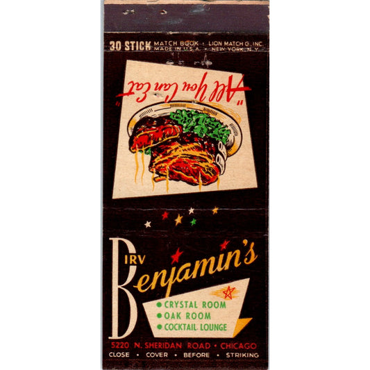 Irv Benjanims Crystal Room Cocktail Lounge Chicago Advertising Matchbook MM10-3