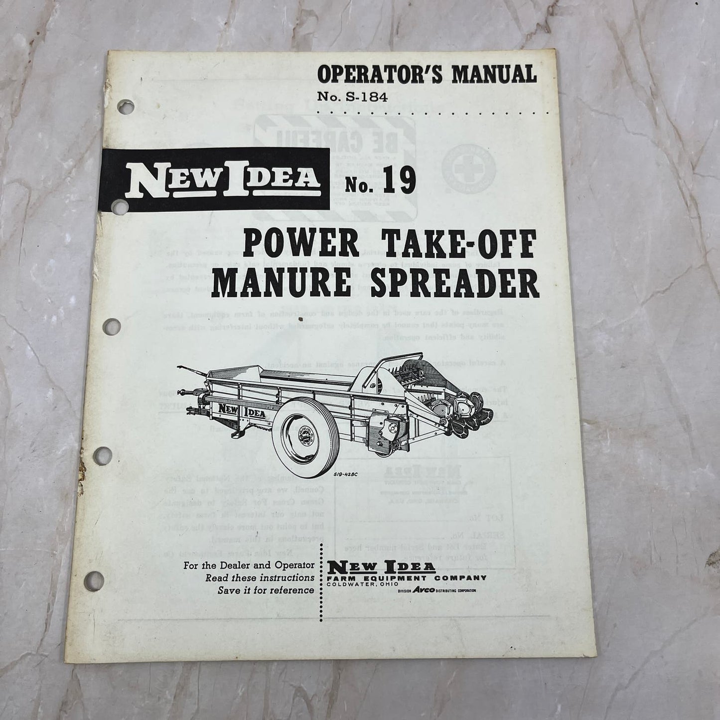 Vintage New Idea Operator's Manual No. 19 Power Take-Off Manure Spreader TJ9