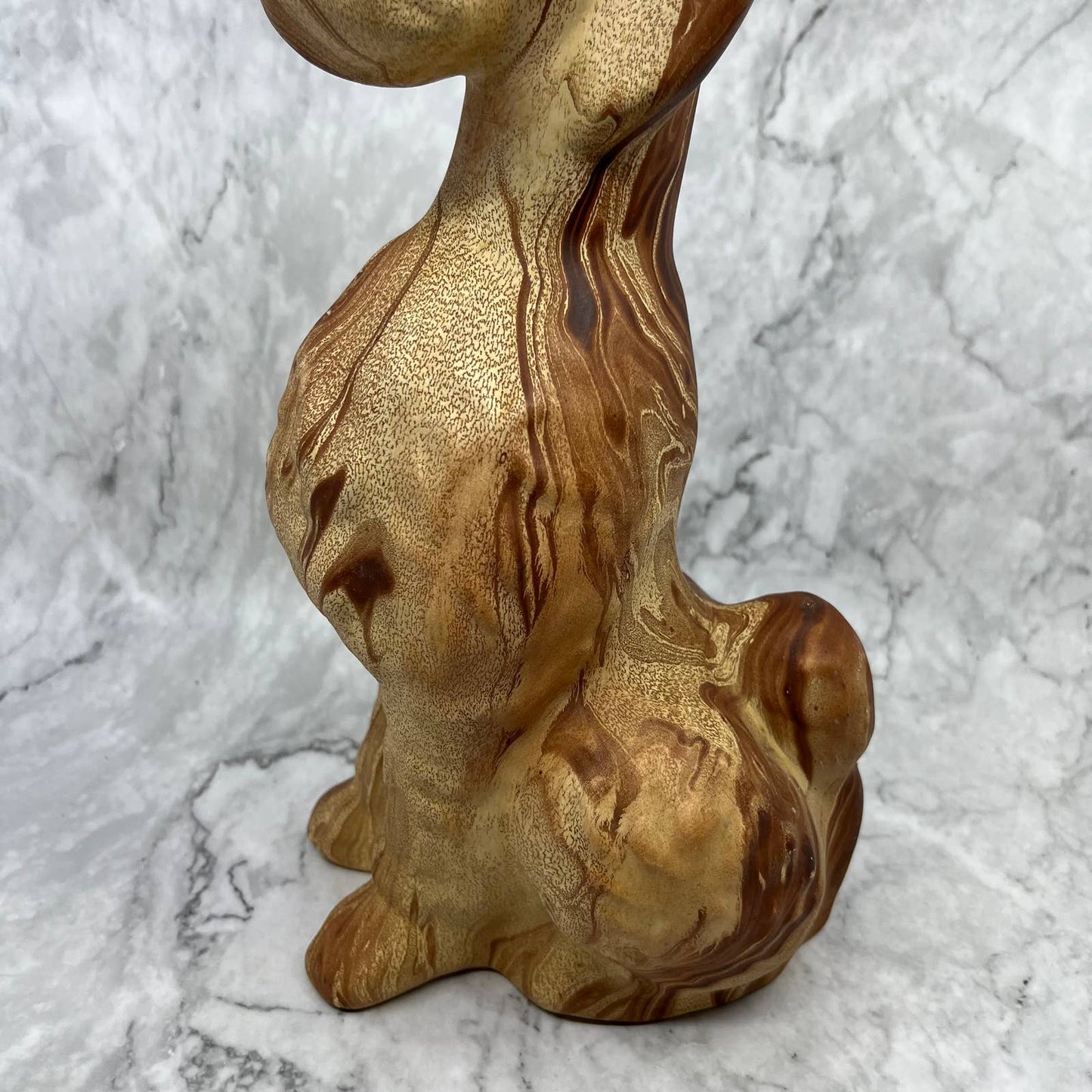 Vintage Pottery Poodle Dog Sculpture 14” Brown Swirl Orange Eyes TJ2-2