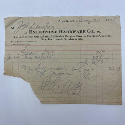 1914 Billhead Enterprise Hardware Co Tools Roofing Bicycles Allendale SC AC9