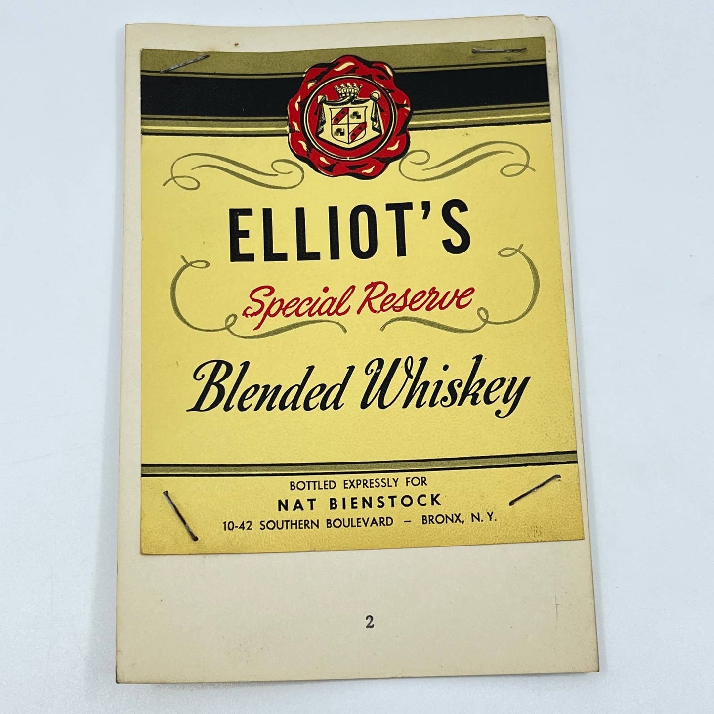 Elliots Special Reserve Whiskey Label Nat Bienstock 10-42 Southern Blvd Bronx NY