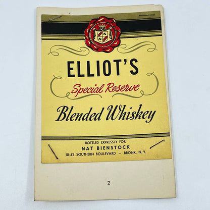 Elliots Special Reserve Whiskey Label Nat Bienstock 10-42 Southern Blvd Bronx NY