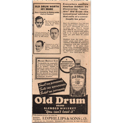 1935 Minneapolis Journal Newspaper Ad Old Drum Whiskey Ed Phillips & Sons FL5-3