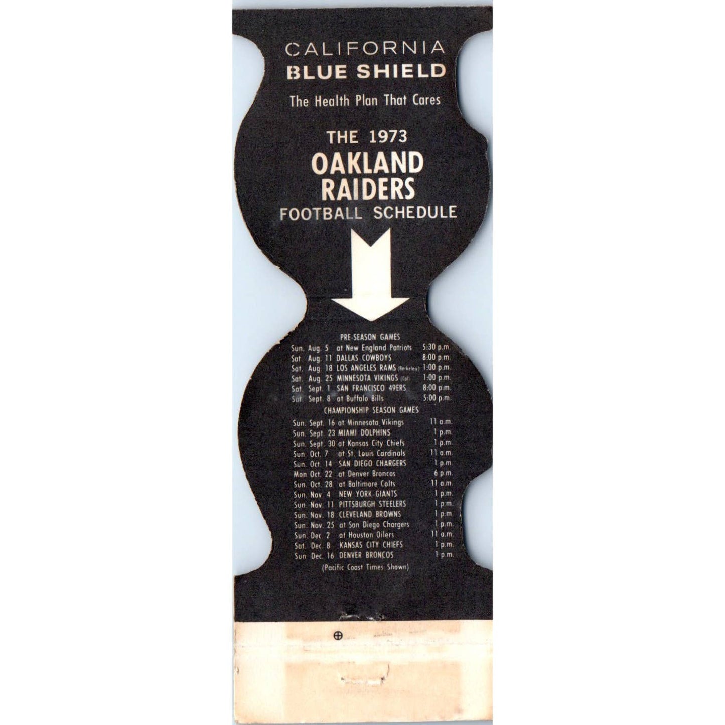 1973 Oakland Raiders NFL Football Schedule Matchbook Cover SA1-M4