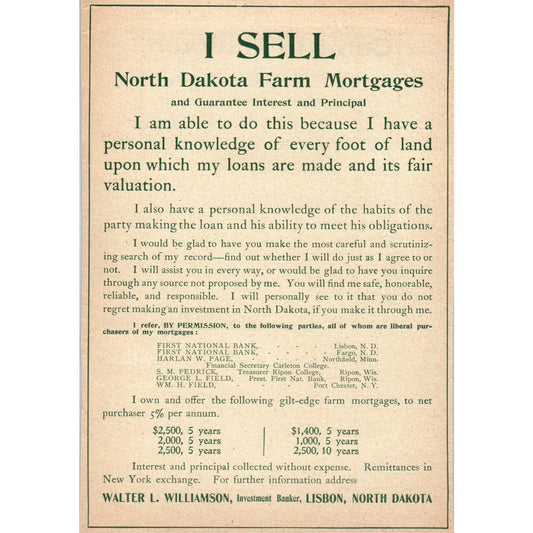 North Dakota Farm Mortgages Walter L. Williamson Lisbon ND - 1903 Ad TJ7-L