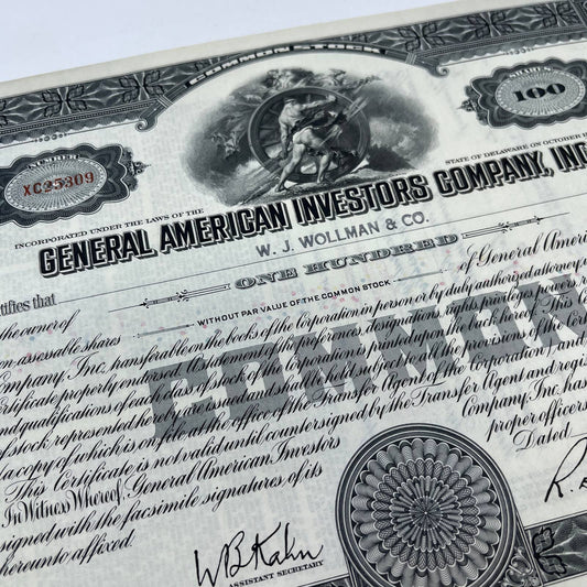 1934 General American Investors Co Stock Certificate W.J. Wollman & Co FL5