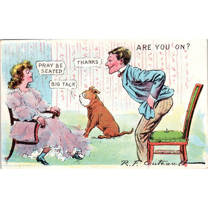 Man Sitting on a Tack Humor Cartoon 1909 Original Postcard PB1