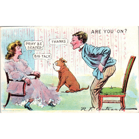 Man Sitting on a Tack Humor Cartoon 1909 Original Postcard PB1