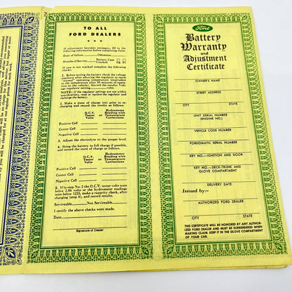 1950s Authorized Ford Dealer Service Policy Warranty Deed Inspection Sheet AA7