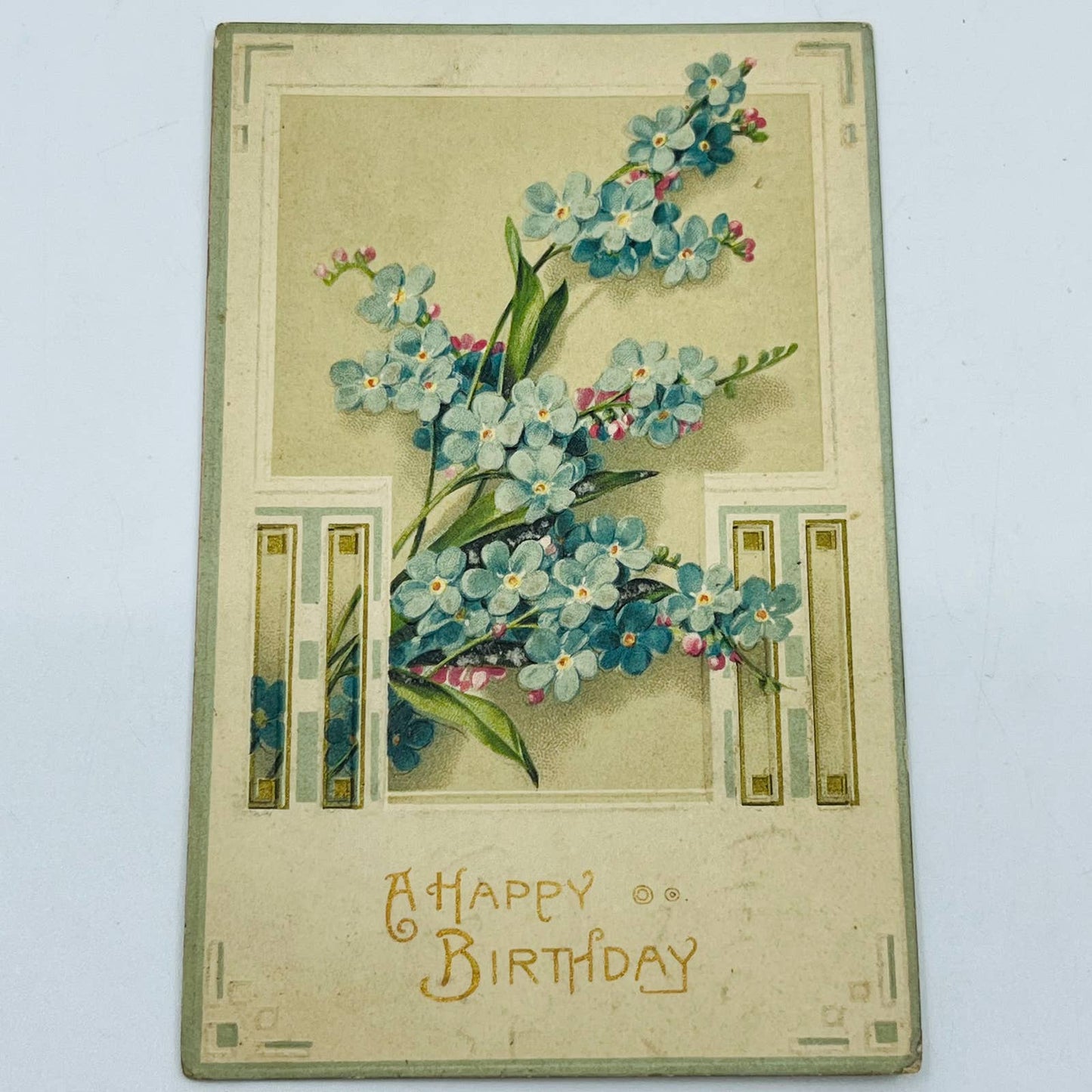 1910s Birthday Post Card Art Deco Embossed Forget Me Nots PA5