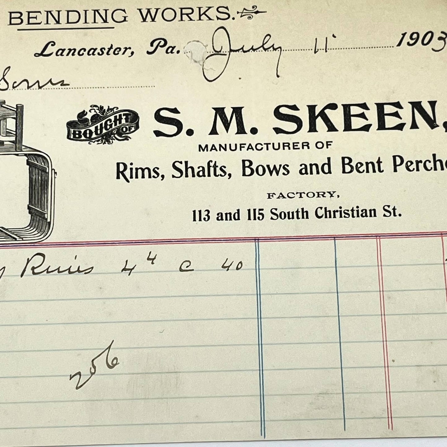 1903 S.M. Skeen Empire Bending Works Letterhead Lancaster PA AB5