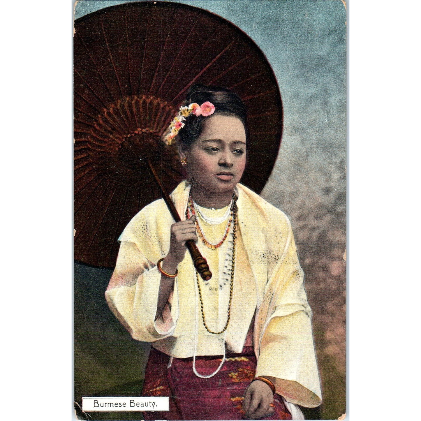 Burmese Beauty Lady with Parasol c1910 Original Postcard P3-3