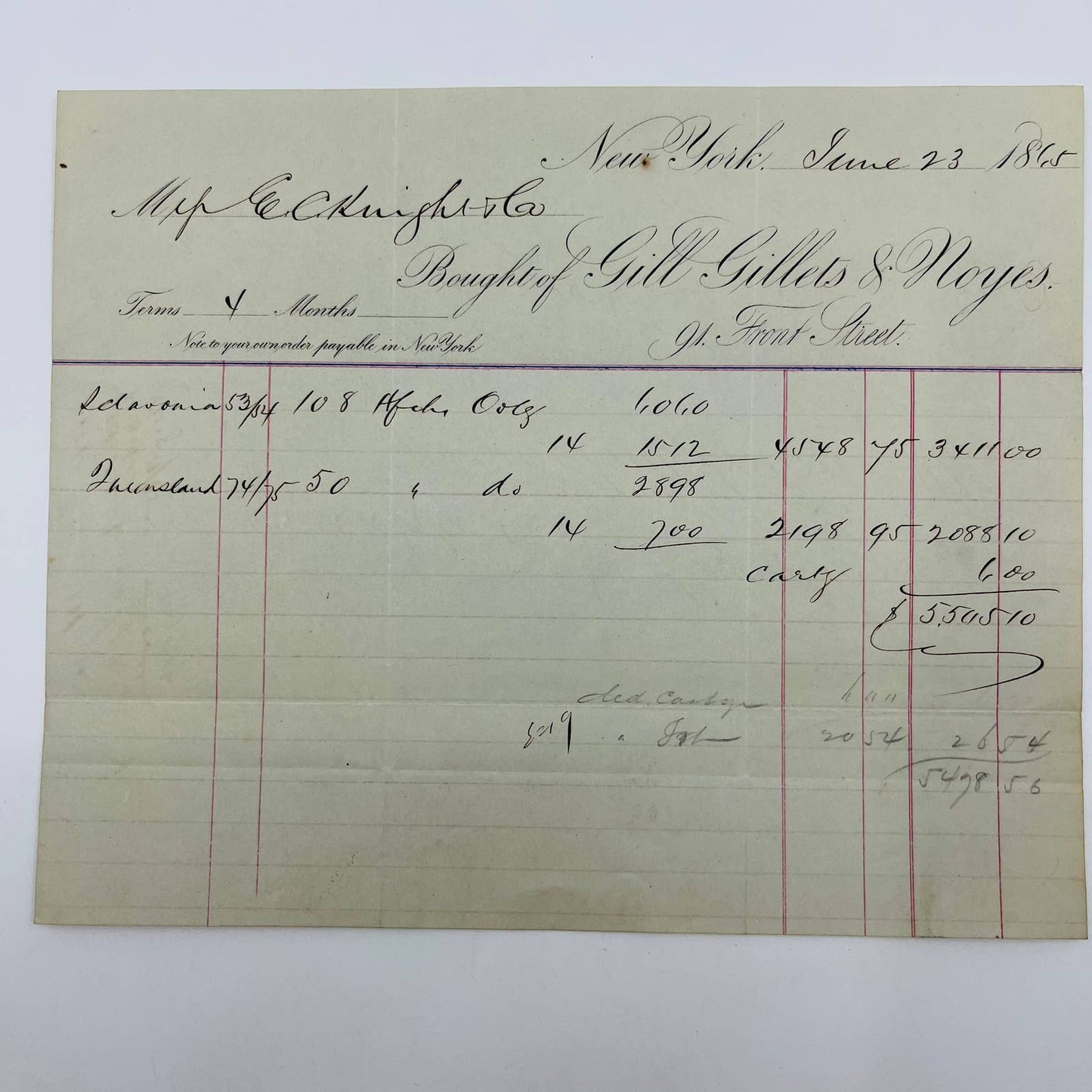 1865 Gill Gillets & Noyes New York NY Front St. Billhead Letterhead Receipt AA4