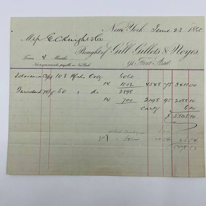 1865 Gill Gillets & Noyes New York NY Front St. Billhead Letterhead Receipt AA4