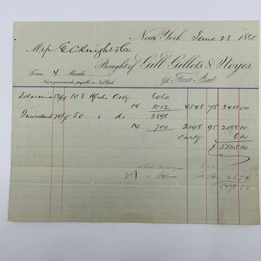 1865 Gill Gillets & Noyes New York NY Front St. Billhead Letterhead Receipt AA4