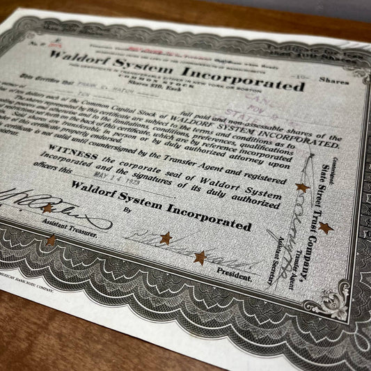 Antique 1923 Stock Certificate Waldorf System Incorporated New York Boston B5