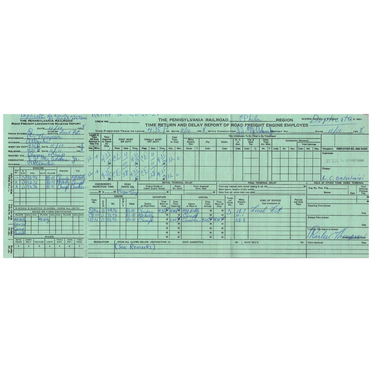 1958 The Pennsylvania Railroad Time Return and Delay Report Form AD8-1