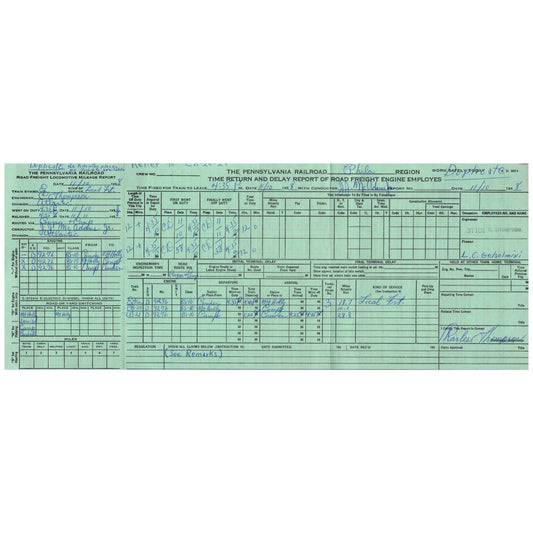 1958 The Pennsylvania Railroad Time Return and Delay Report Form AD8-1