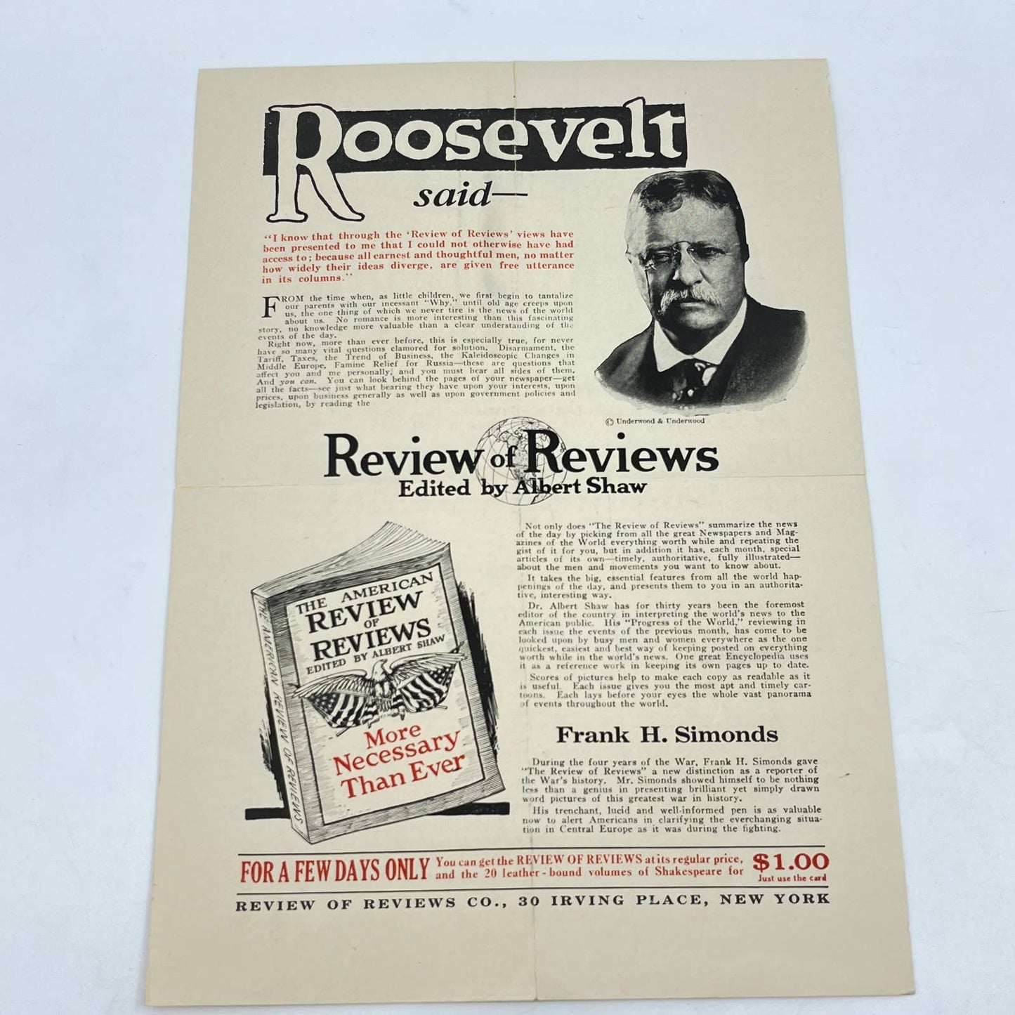 1920s Leaflet Teddy Roosevelt Review of Reviews Shakespeare Pocket Library AA9