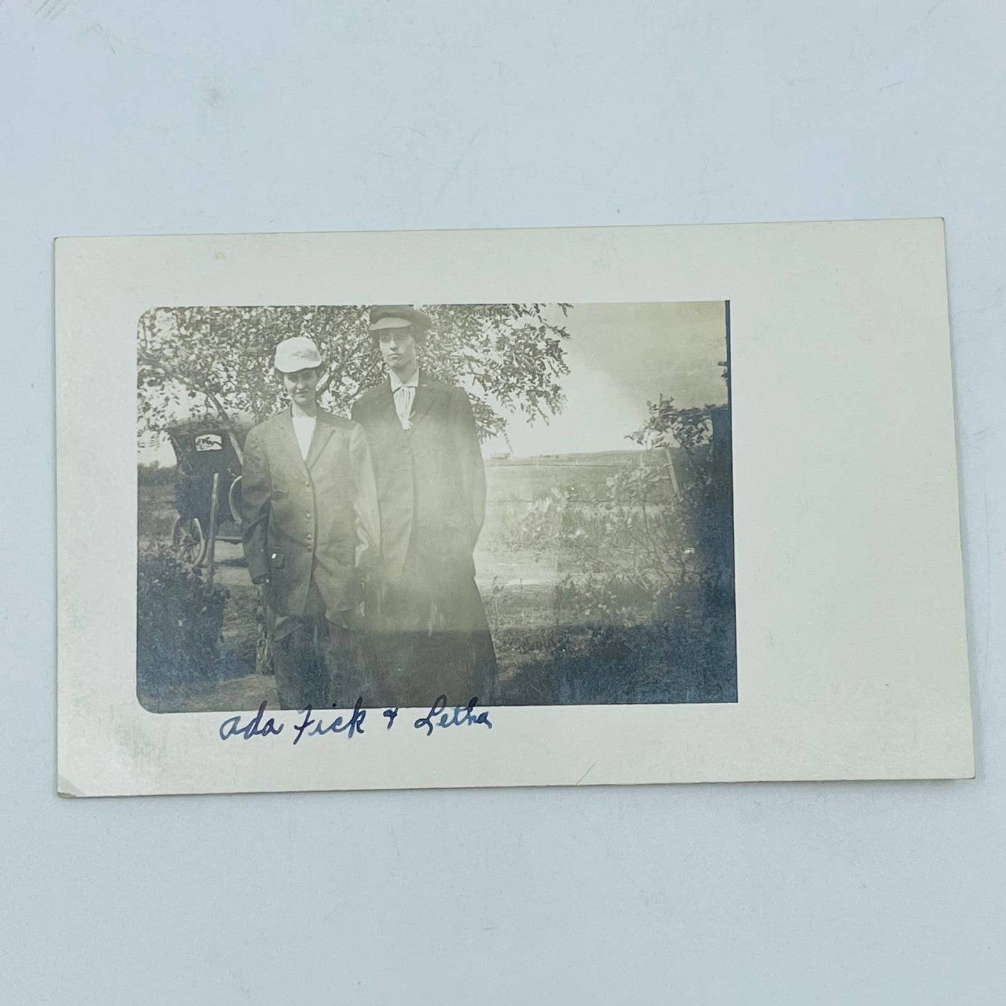 Early 1900s RPPC Portrait Sisters Ada & Leiha Frick Early Automobile Model T PA9