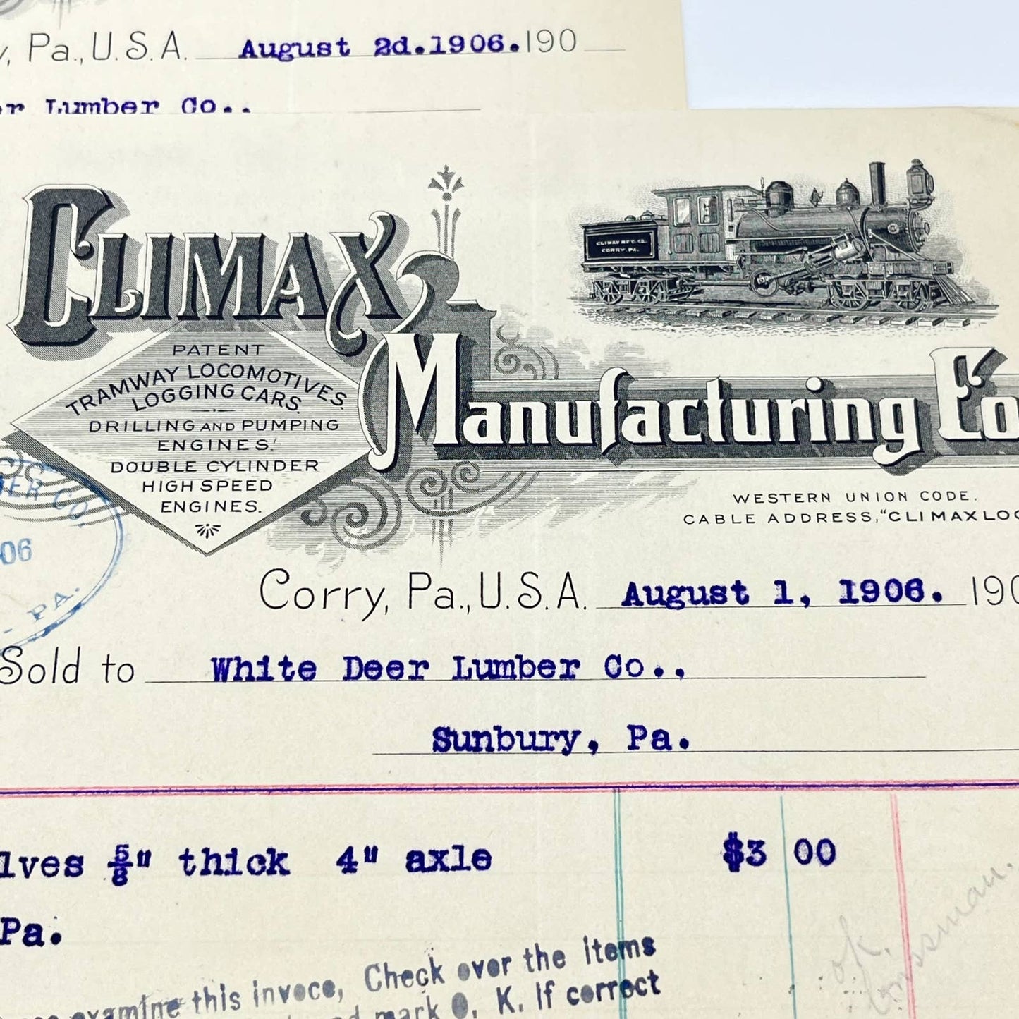 1906 Climax Manufacturing Co. Trainway Locomotive Letterhead Corry PA x2 AB2-2