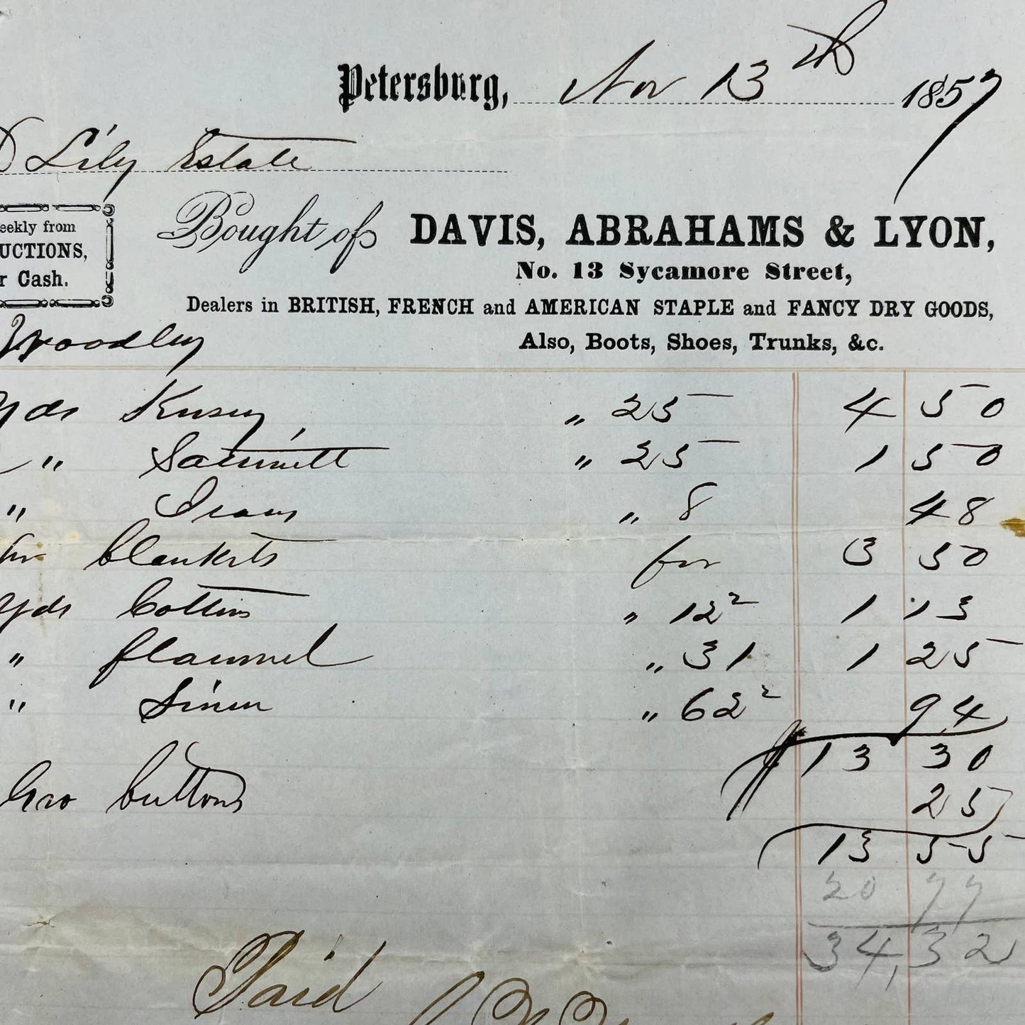 1857 Davis Abrahams & Lyon Petersburg 13 Sycamore St VA Billhead Letterhead AA4