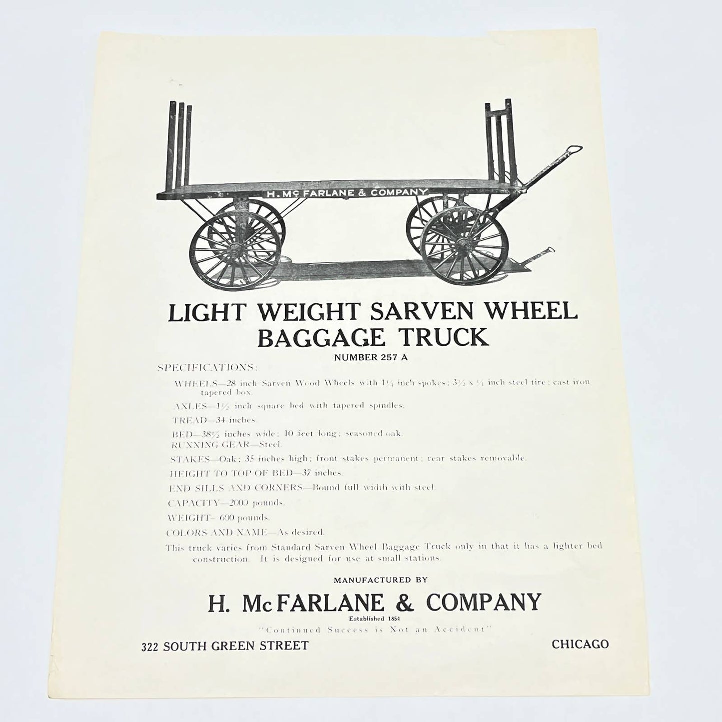 c1900 Light Weight Sarven Wheel Baggage Truck Leaflet McFarlane & Co Chicago AB8