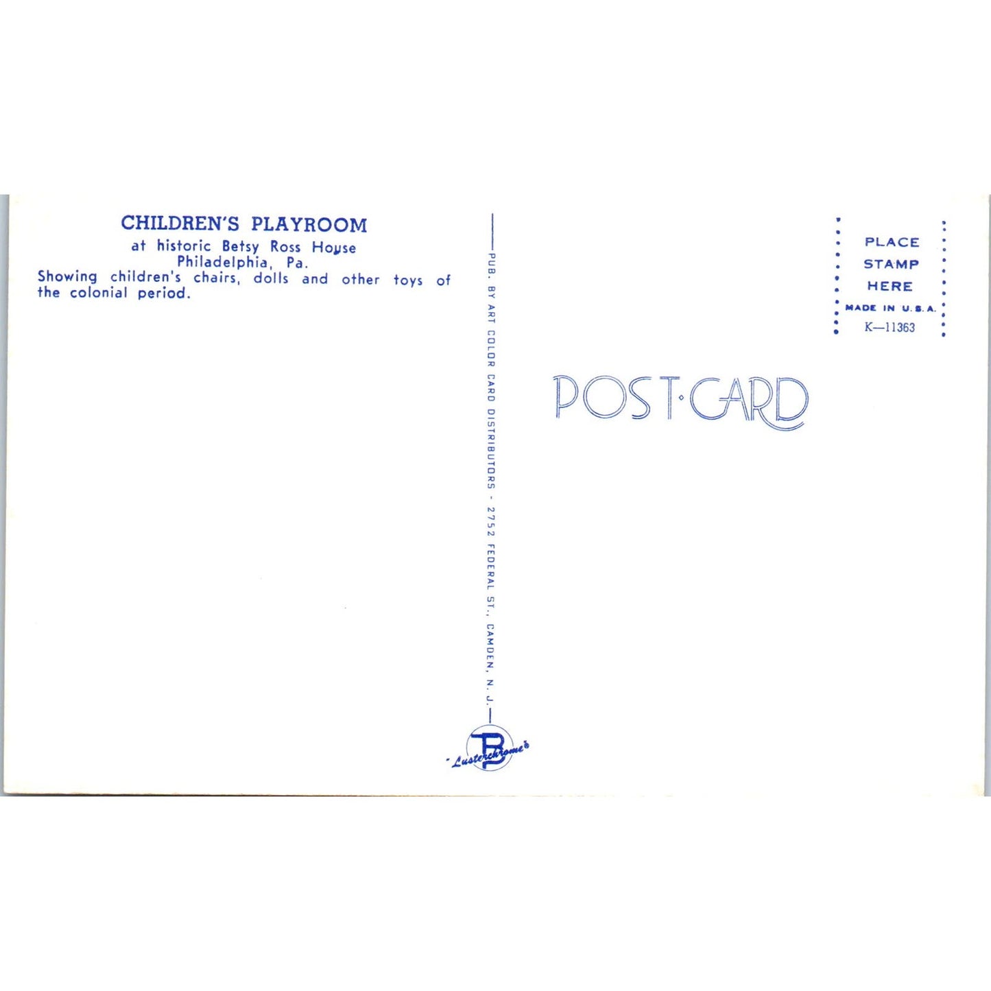 Children's Playroom & Dolls Betsy Ross House Philadelphia Original Postcard PB7