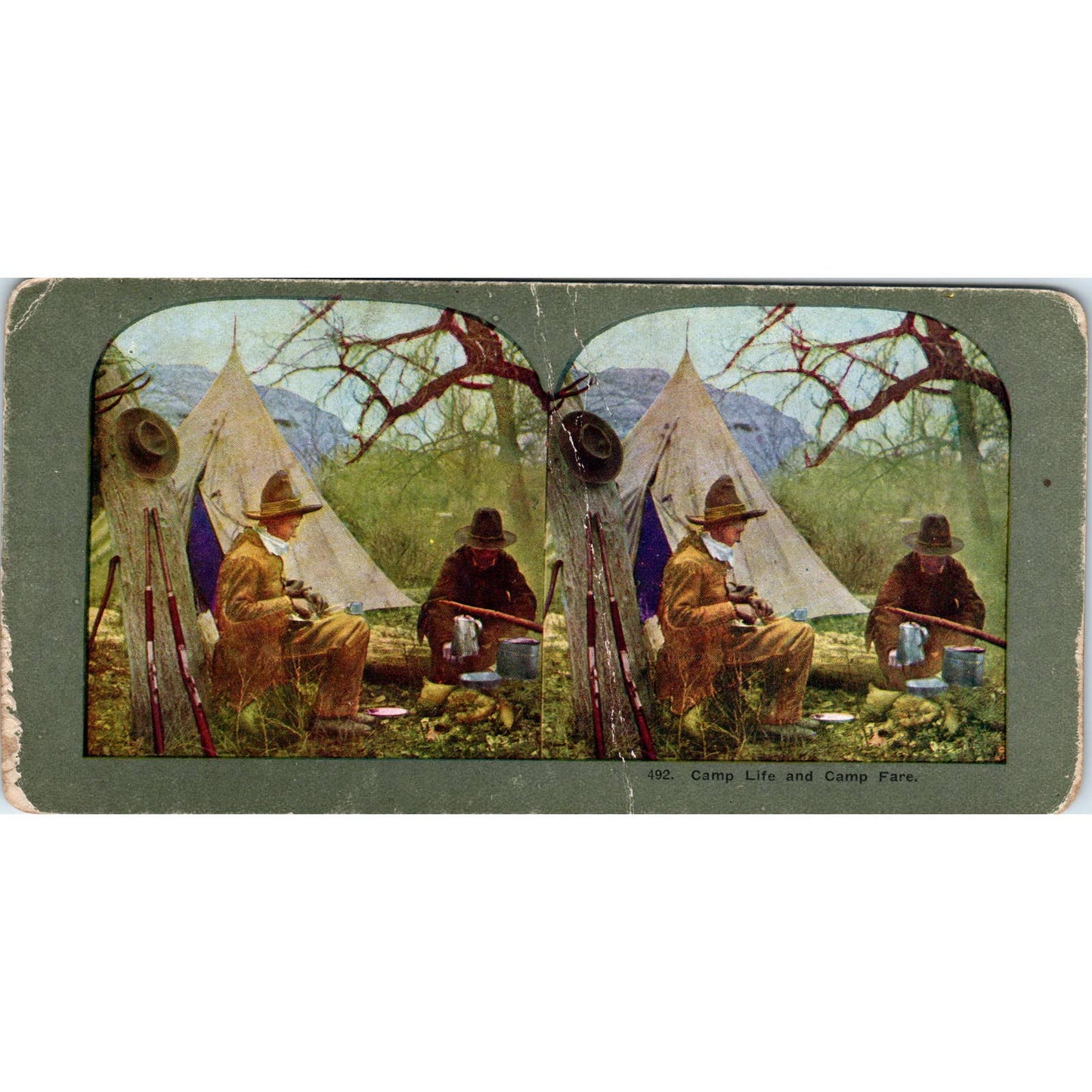 Victorian Hunters at a Campsite Cooking - Antique Stereoview Card TJ1-C1