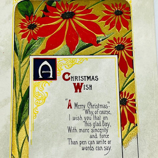 1910s Christmas Post Card WINSCH Back Embossed Poem Poinsettia Dresden Holly PA4