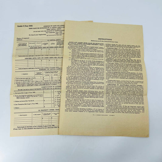 1946 Schedule D Form 1040 Blank Income Tax Form Set of 2 C11