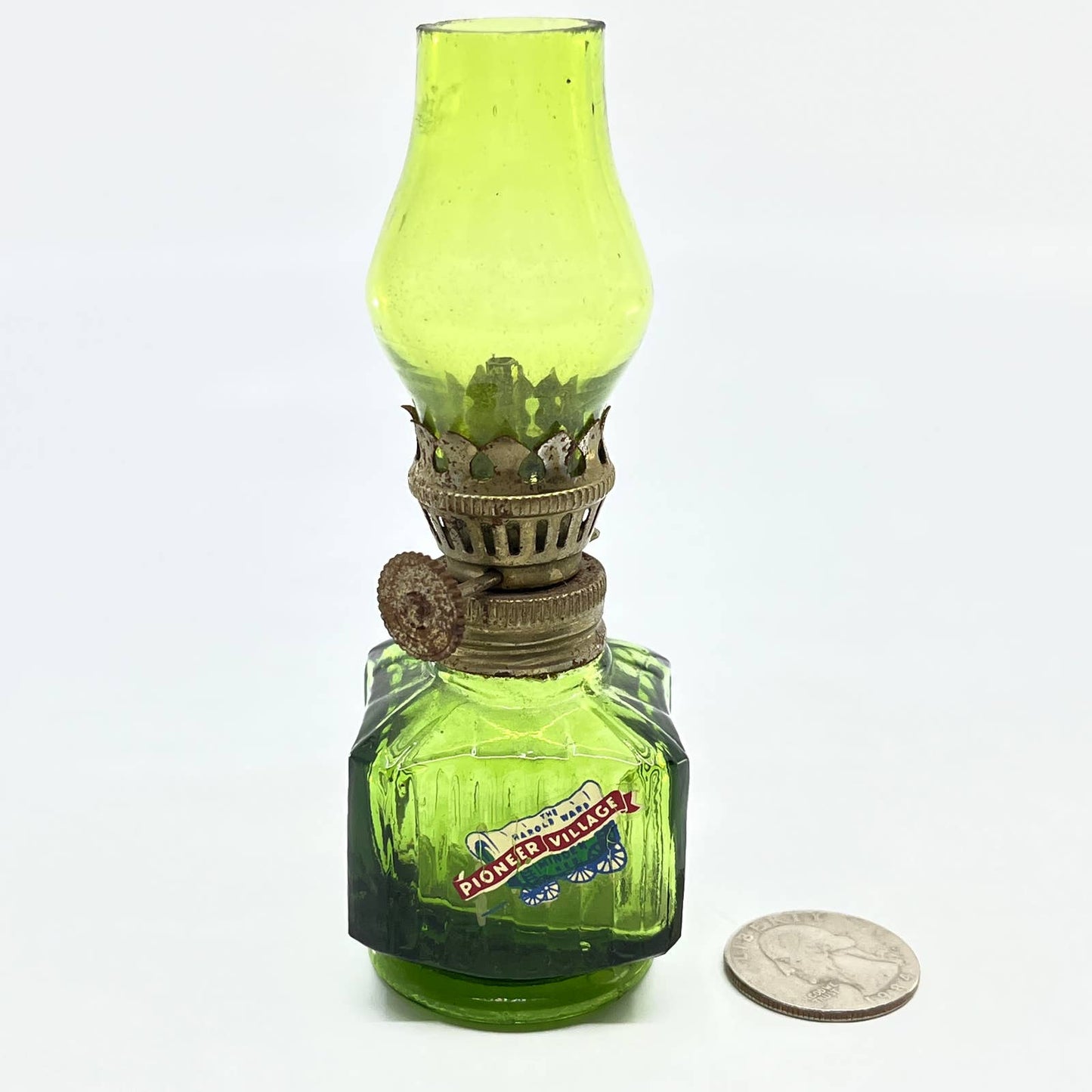 Vtg Mini Green Fluted Glass Kerosene Oil Lamp 4.5" Pioneer Village Minden NE TC7