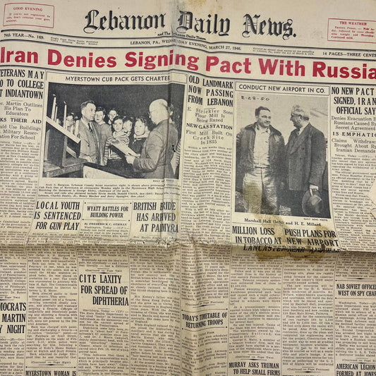 1946 WWII Mar 27 LEBANON DAILY NEWS Newspaper Iran Russia Pact TI6-23