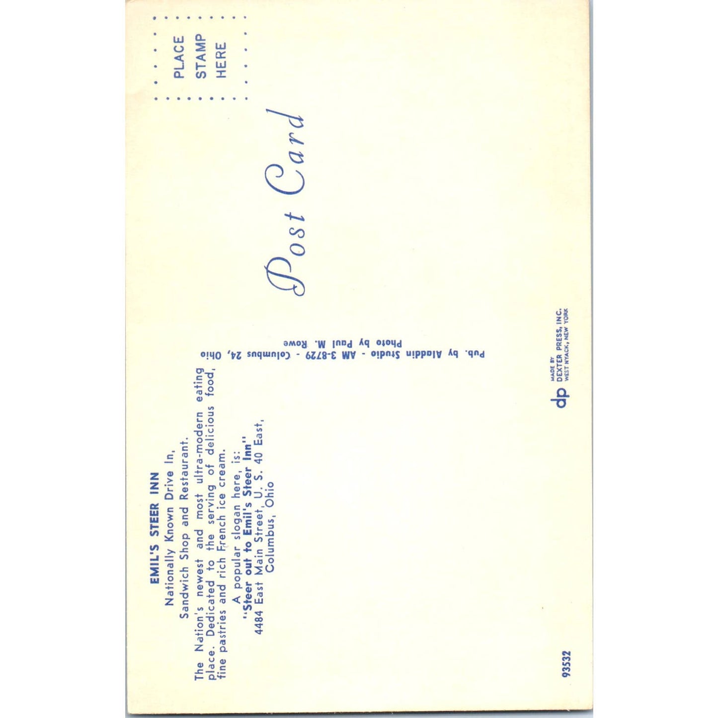 Vintage Postcard Emil's Steer Inn Columbus Ohio TD9