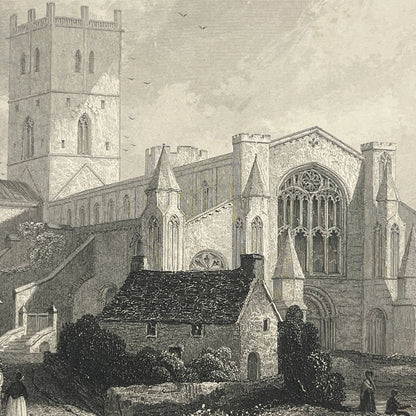 1842 Original Art Engraving St. David's Cathedral - North West View AC6