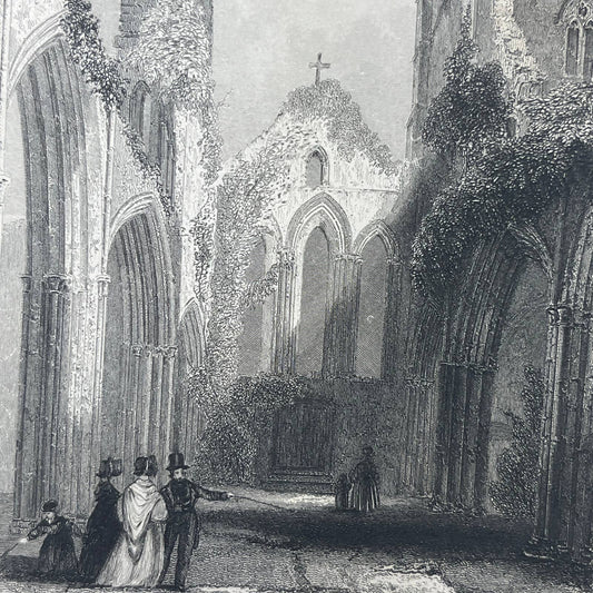 1842 Original Art Engraving Llandaff Cathedral - Nave Looking West AC6