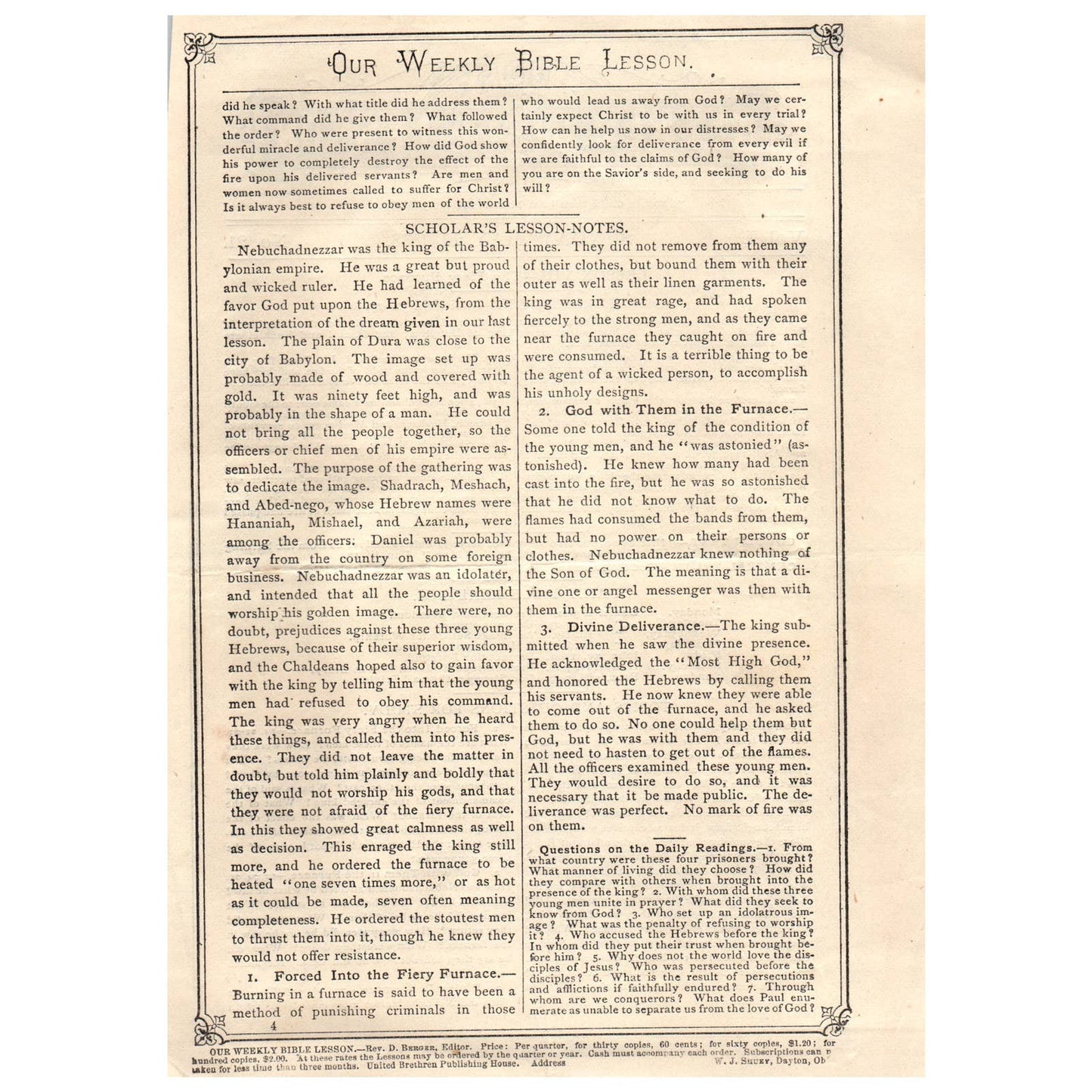 Original 1878 Weekly Bible Lesson Leaf W.J. Shuey Dayton OH Daniel iii 21-27 AD8