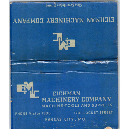 Eichman Machinery Co Kansas City MO Wide Advertising Matchbook Cover SA6-M7