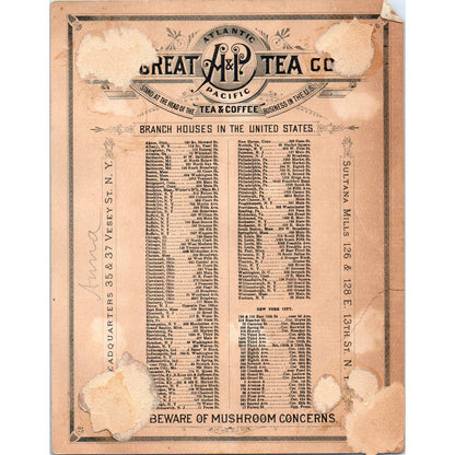 1885 Large Trade Card- The Great Atlantic and Pacific Tea Co. Sultana Coffee AD6