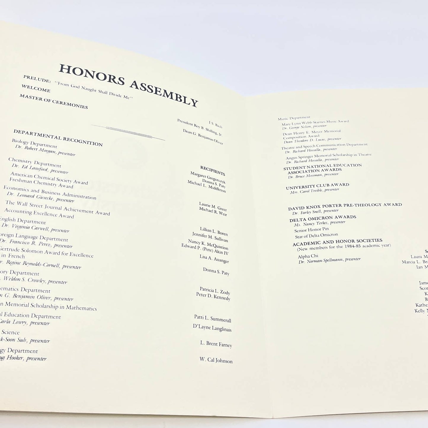 1985 Southwestern University Honors Assembly Program Lois Perkins Chapel AB7