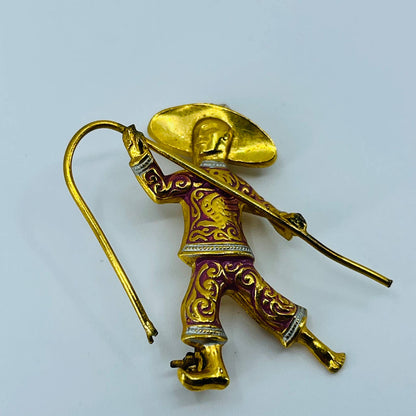 VTG Oriental Asian Figure Brooch Gold Tone Enamel Inlay SB2