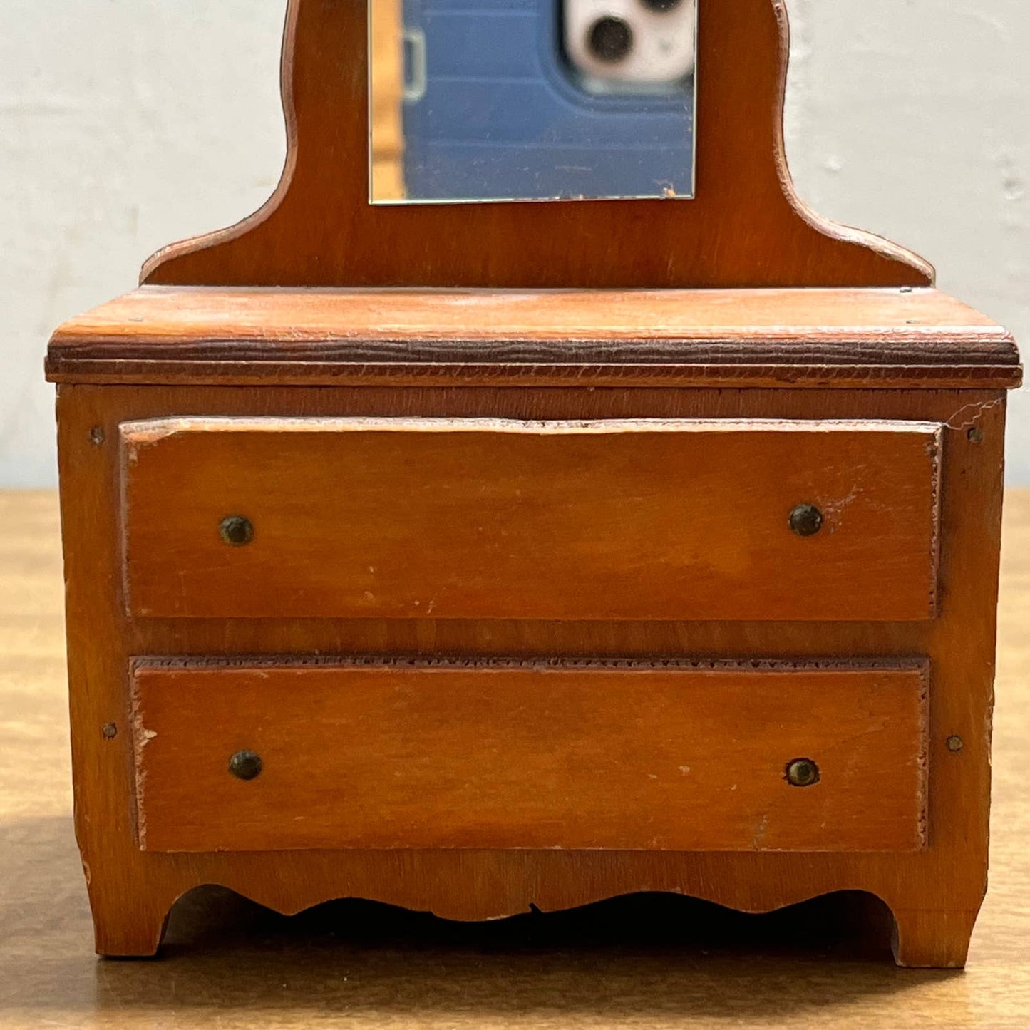 Vintage Handmade Wooden Doll House Furniture Vanity Dresser w/ Mirror 4 x 6” TG8