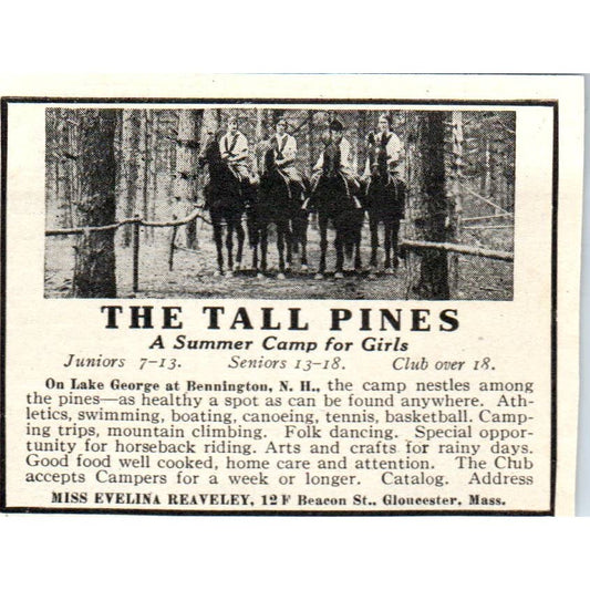 Tall Pines Girls Camp Lake George Bennington NH Evelina Reaveley 1921 Ad TJ7-S8