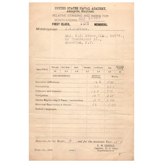 1917 Mar WWI Era US Naval Academy Midshipman JGM Stone Report Card EW Eberle AC9