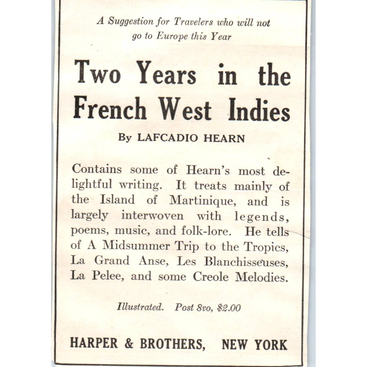 c1920 Harper's Ad - Two Years in the French West Indies Lafcadio Hearn EA3-4