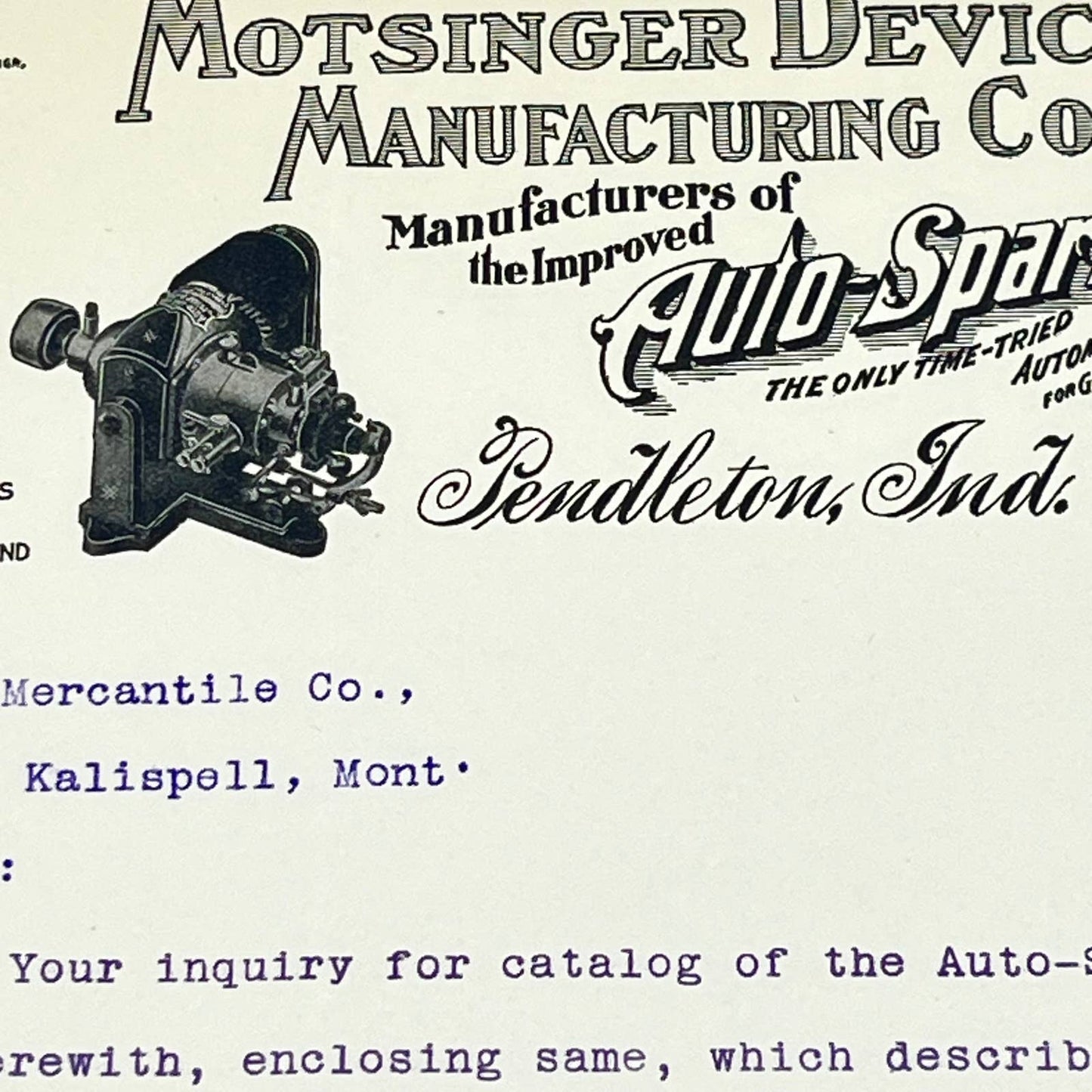 1907 Motsinger Device Manufacturing Co Letterhead Pendleton IN Geo W Cole AB5